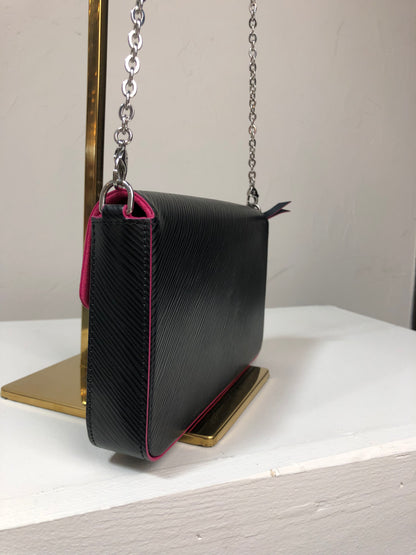 Comes w Box- Louis Vuitton Leather Black w Pink Trim Snap Closure Crossbody w Silver Chain