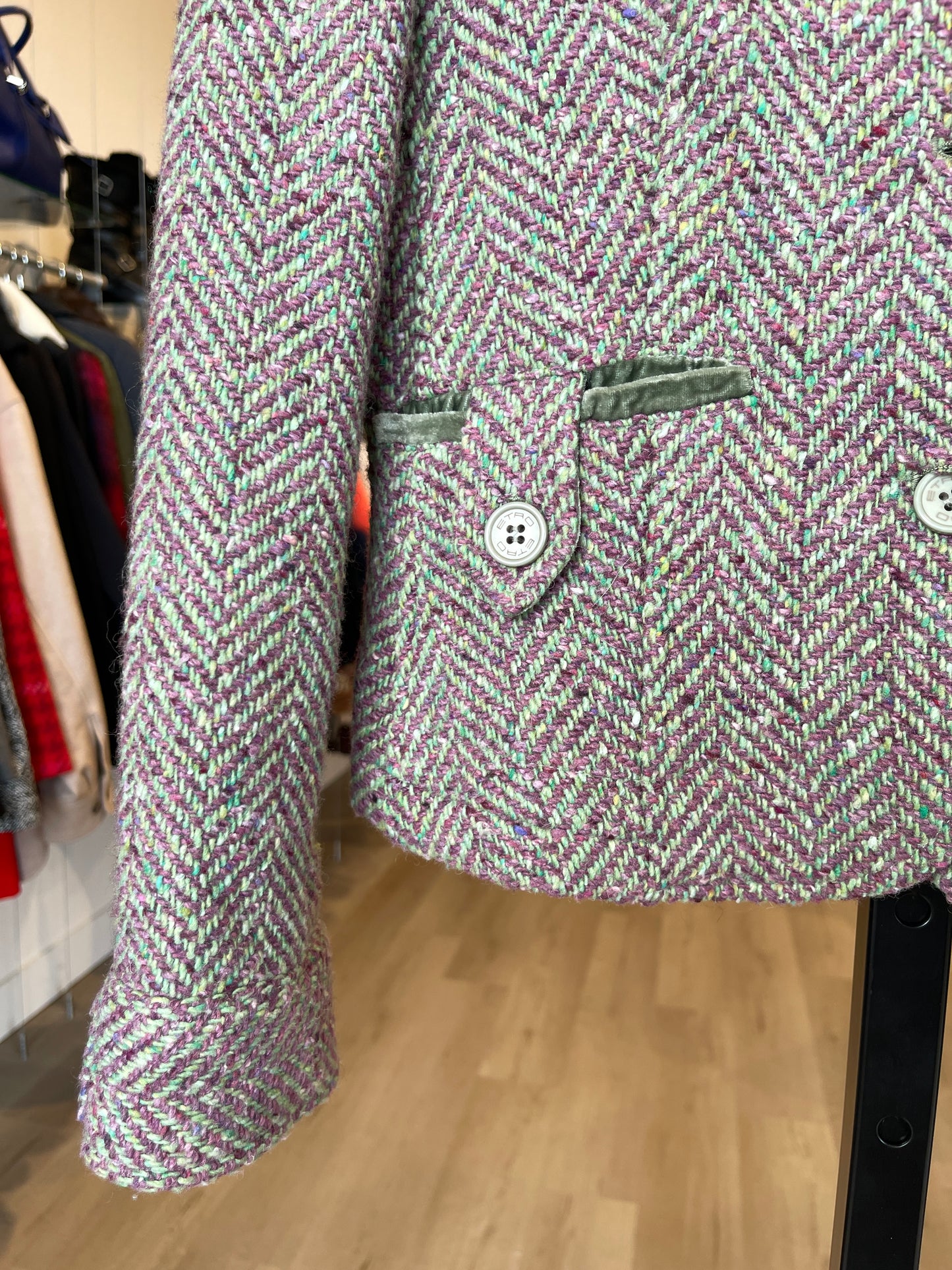 Etro Wool Purple & Green Herringbone Tweed Button Up Blazer