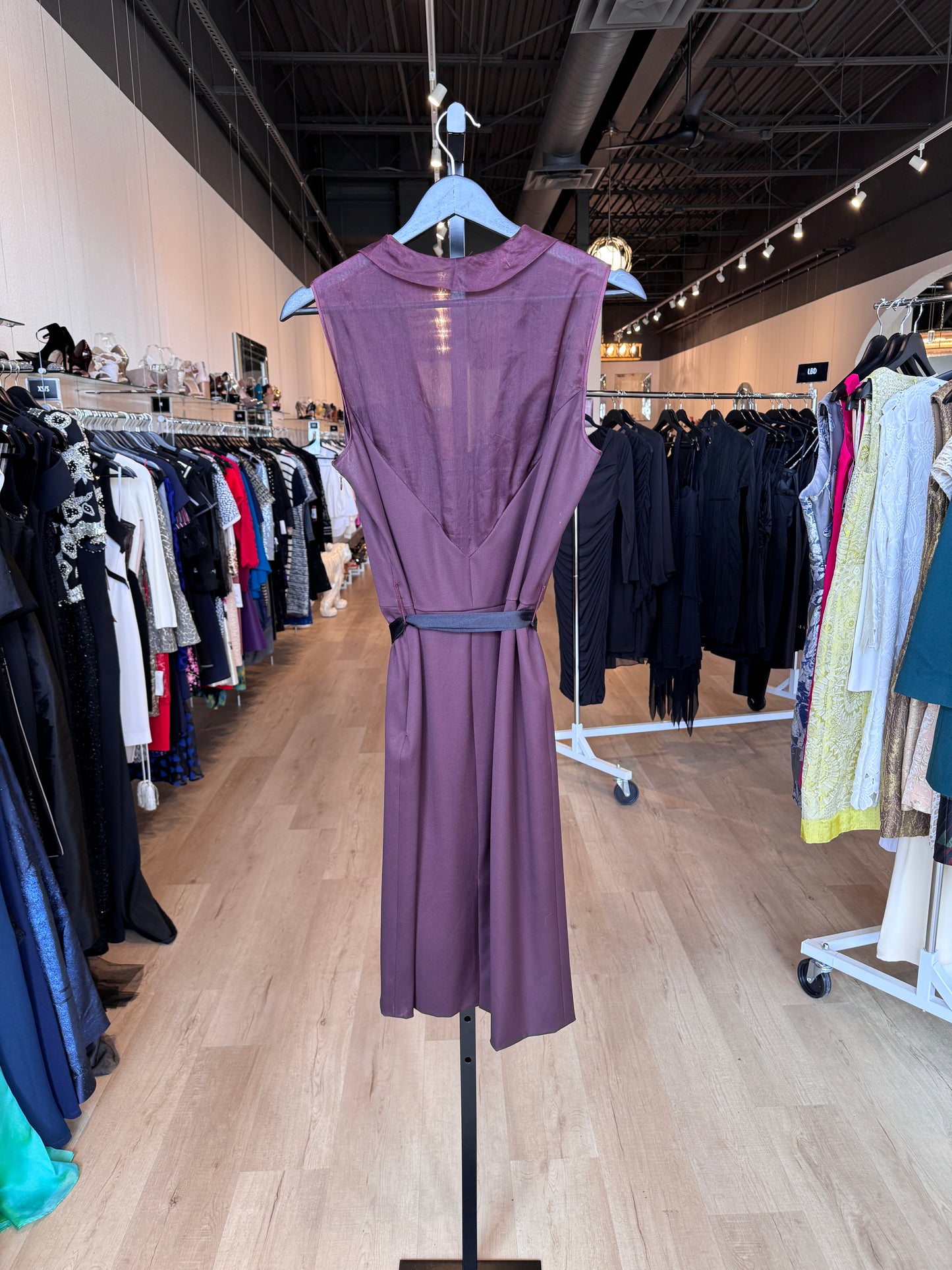 Valentino Plum Knee Length Dress w/ Black Ribbon & Sheer Neckline