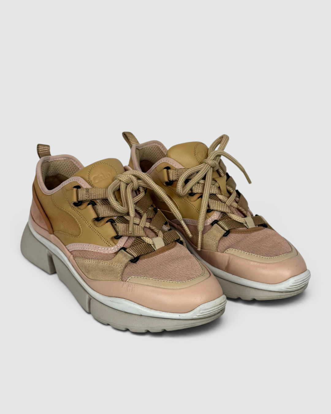 Chloe Leather Pink & Nude Lace Up Sneakers