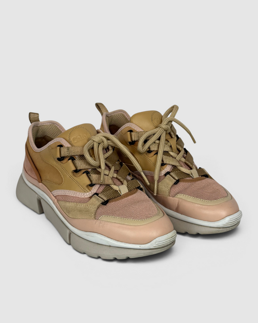 Chloe Leather Pink & Nude Lace Up Sneakers