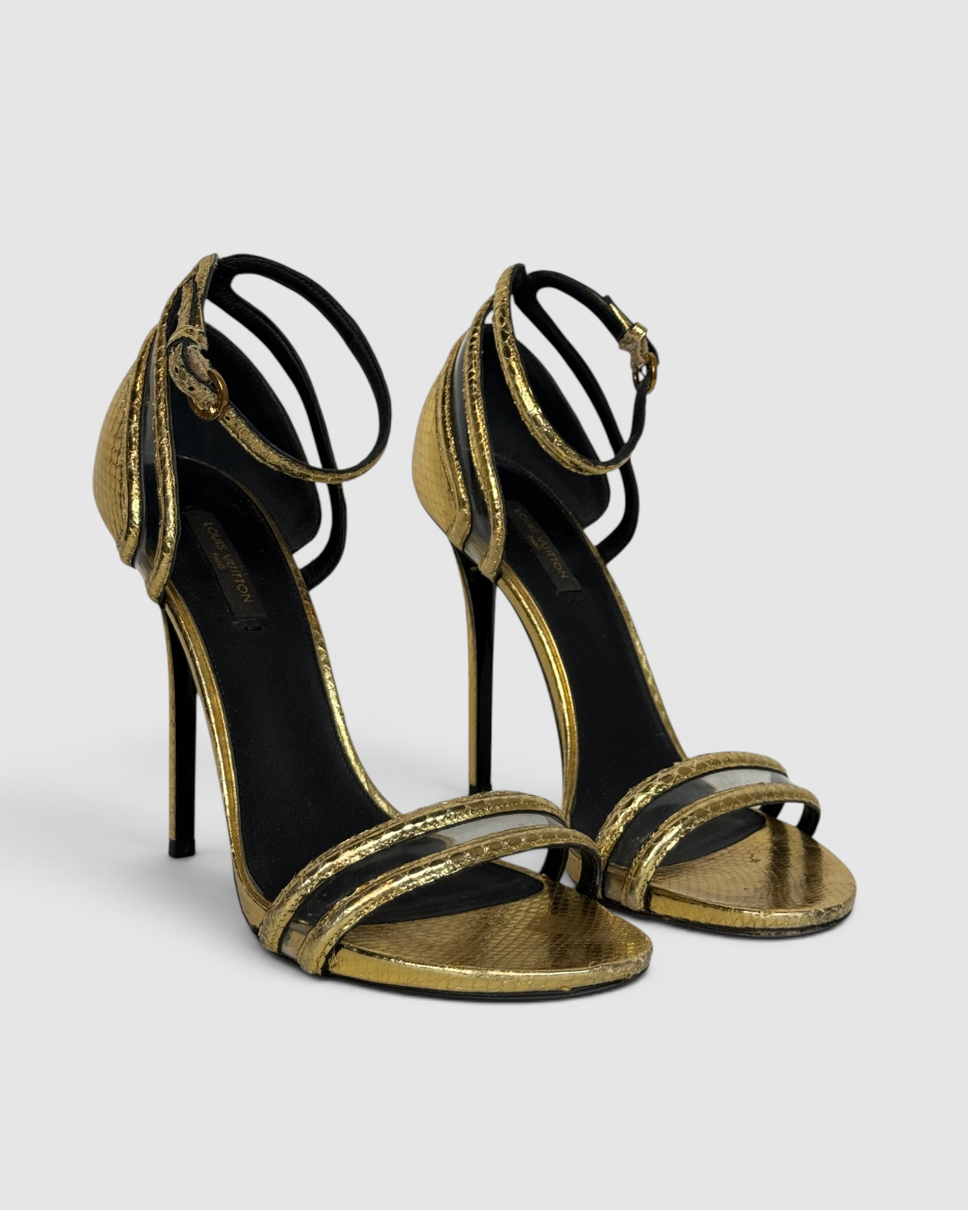 Louis Vuitton Gold Snakeskin Pattern Heels w/ Ankle & Toe Strap