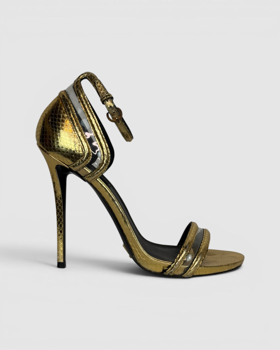 Louis Vuitton Gold Snakeskin Pattern Heels w/ Ankle & Toe Strap