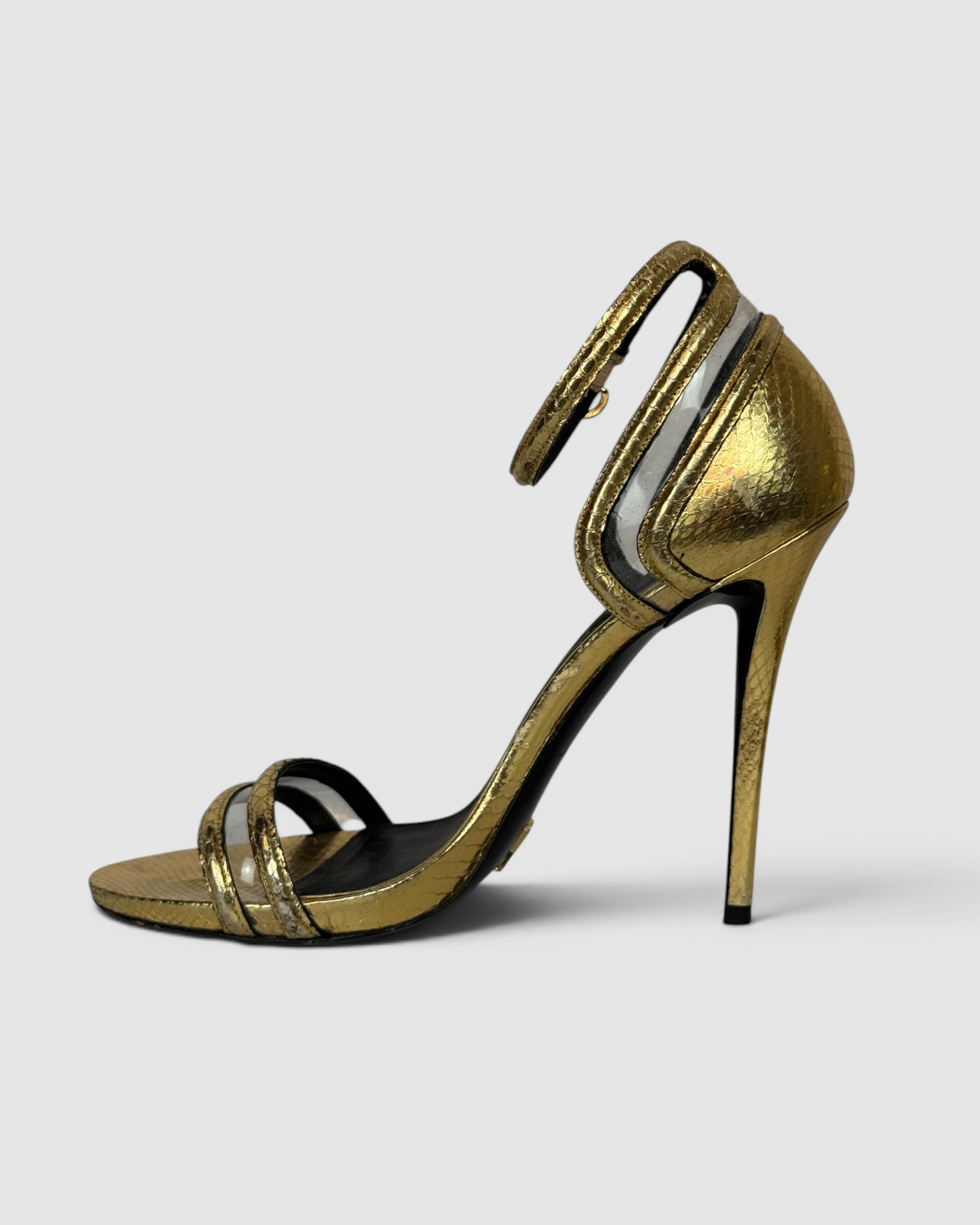 Louis Vuitton Gold Snakeskin Pattern Heels w/ Ankle & Toe Strap