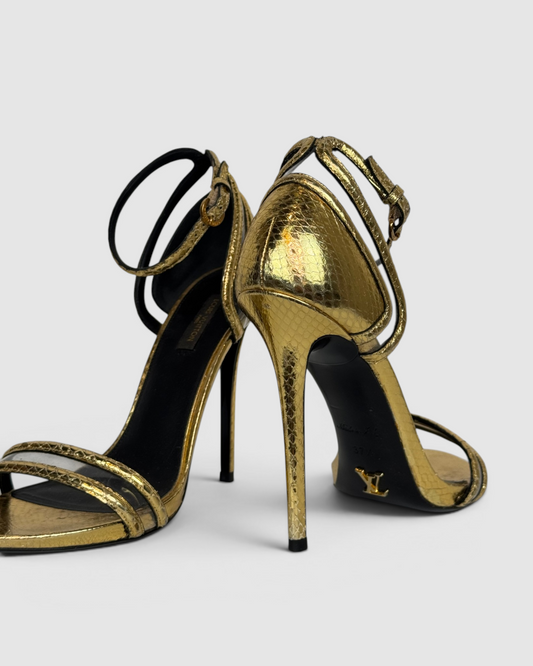 Louis Vuitton Gold Snakeskin Pattern Heels w/ Ankle & Toe Strap
