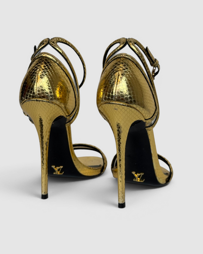 Louis Vuitton Gold Snakeskin Pattern Heels w/ Ankle & Toe Strap