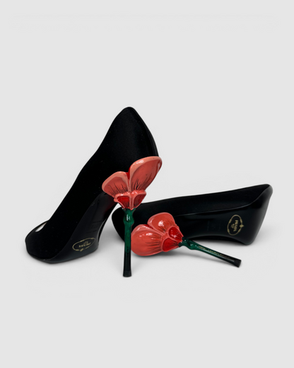 w Box- Prada Black Silk Peep Toe Heels w Structured Floral Heel