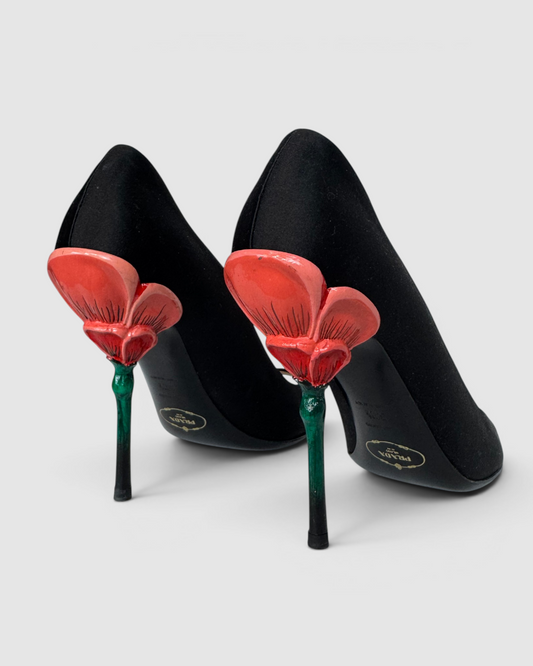 w Box- Prada Black Silk Peep Toe Heels w Structured Floral Heel
