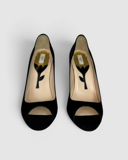 w Box- Prada Black Silk Peep Toe Heels w Structured Floral Heel