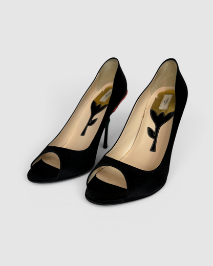 w Box- Prada Black Silk Peep Toe Heels w Structured Floral Heel