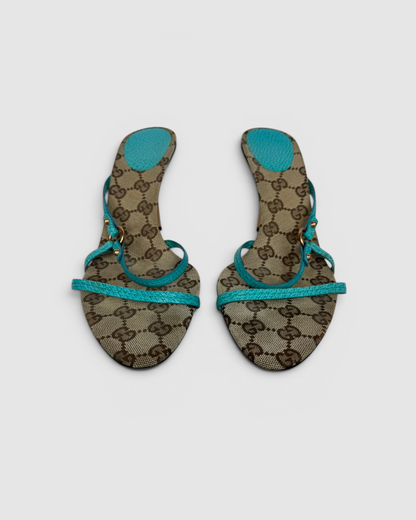 Gucci Brown Monogram Heeled Sandals w/ Aqua Straps