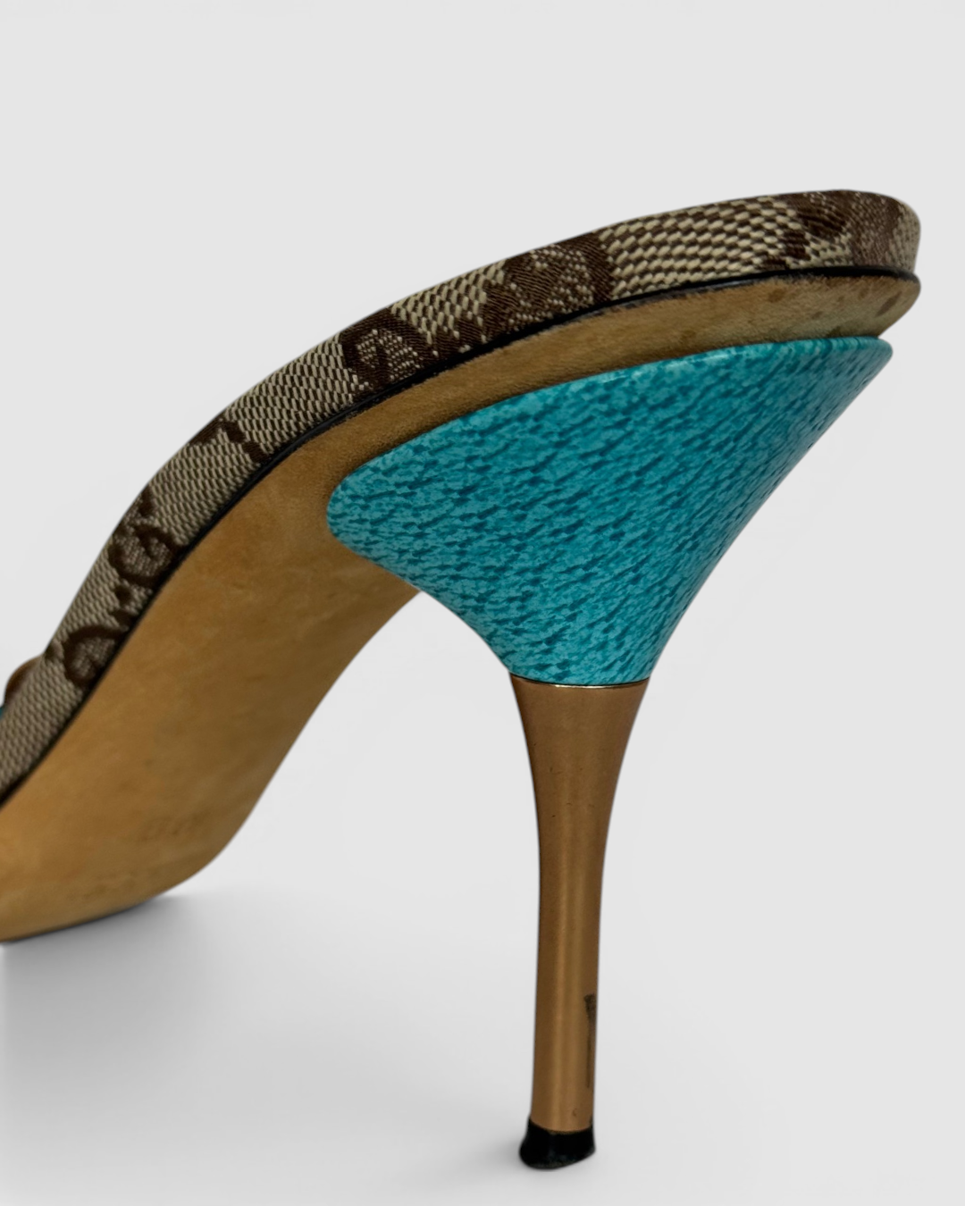 Gucci Brown Monogram Heeled Sandals w/ Aqua Straps