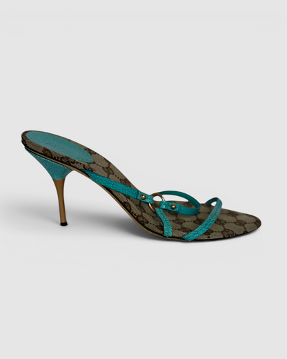 Gucci Brown Monogram Heeled Sandals w/ Aqua Straps