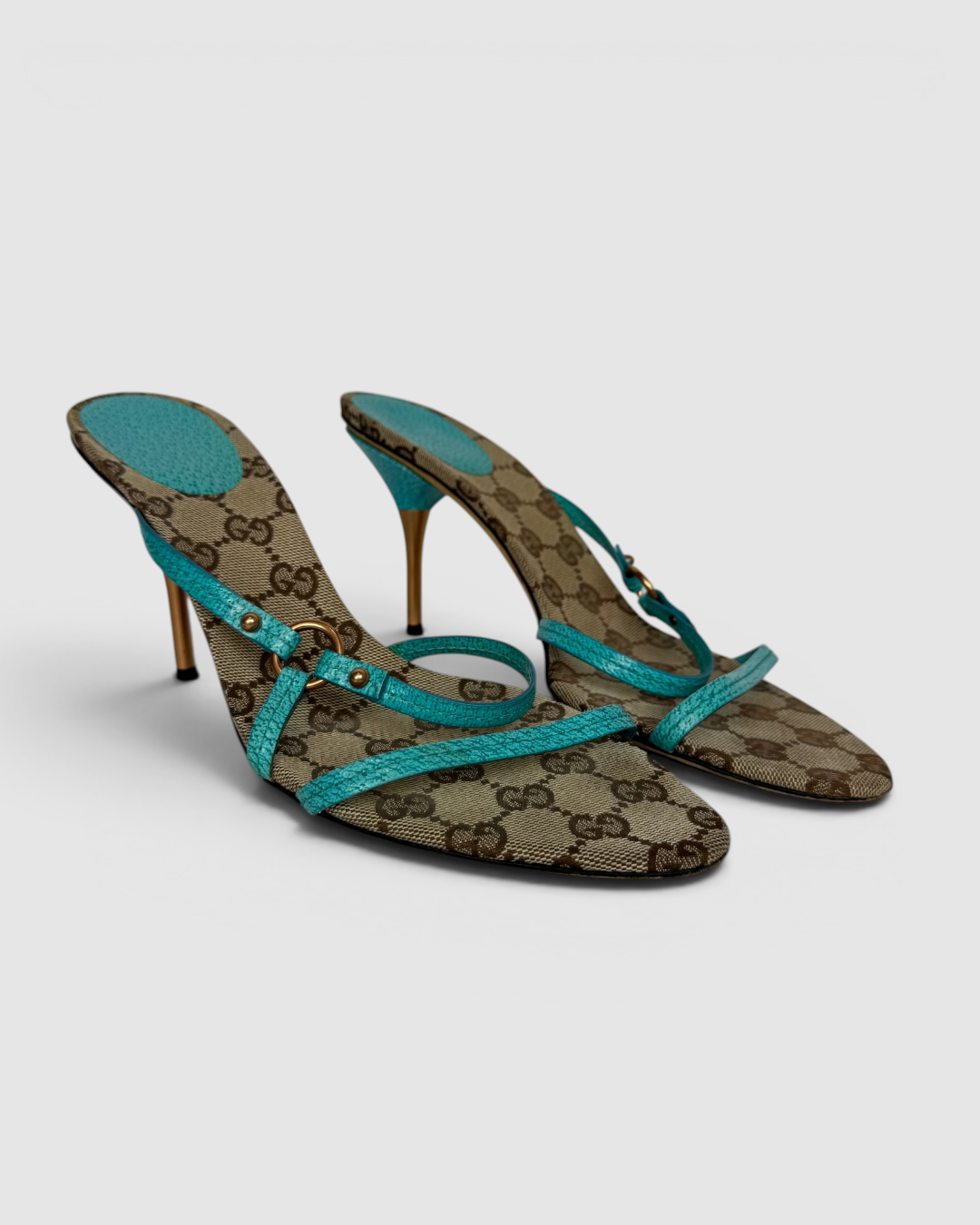 Gucci Brown Monogram Heeled Sandals w/ Aqua Straps