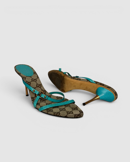 Gucci Brown Monogram Heeled Sandals w/ Aqua Straps