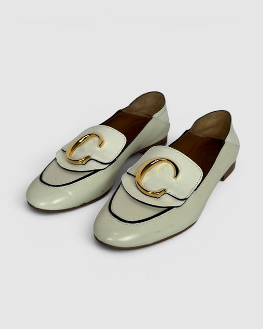 Chloe Cream Leather Black Trim Gold C Logo Round Toe Loafer