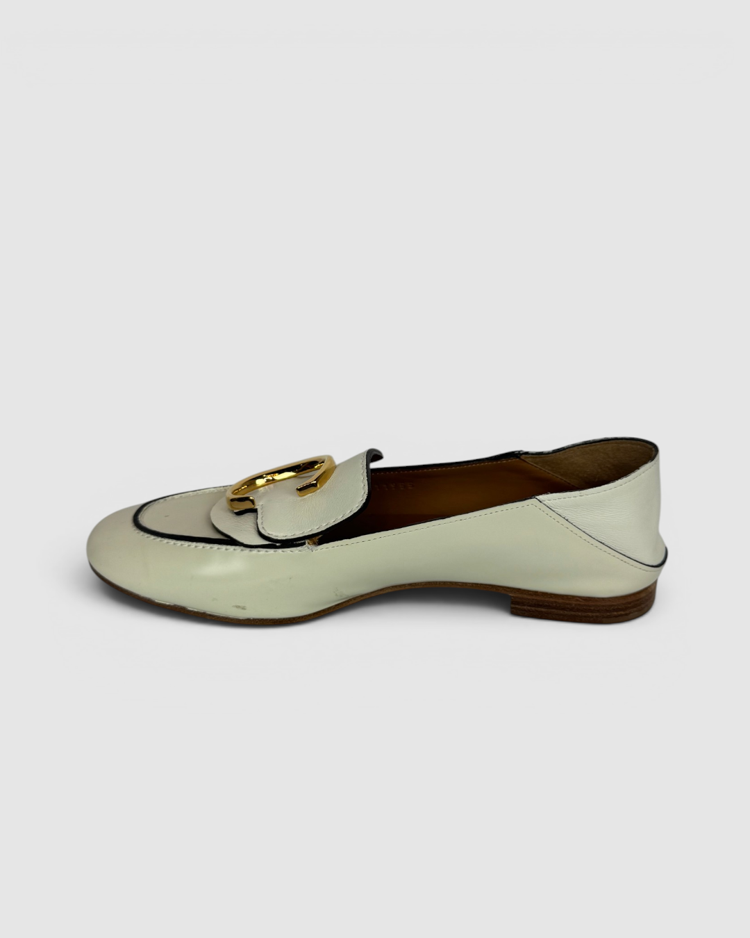 Chloe Cream Leather Black Trim Gold C Logo Round Toe Loafer