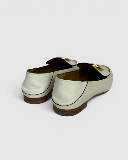 Chloe Cream Leather Black Trim Gold C Logo Round Toe Loafer