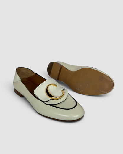 Chloe Cream Leather Black Trim Gold C Logo Round Toe Loafer