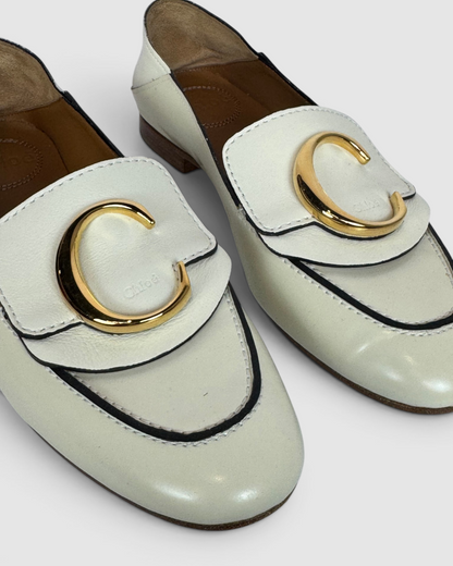Chloe Cream Leather Black Trim Gold C Logo Round Toe Loafer
