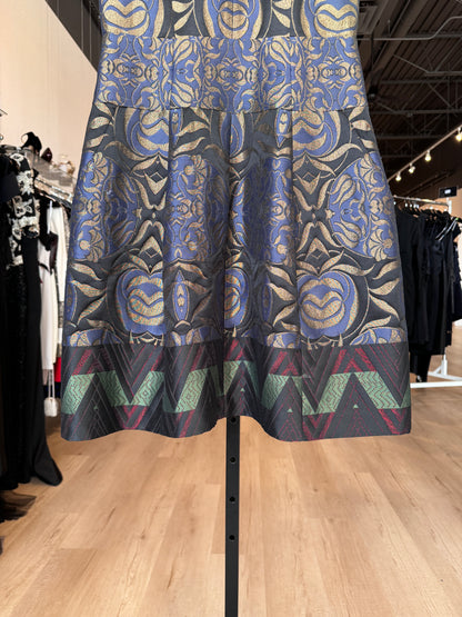 Etro Black w Gold, Blue, & Green Metallic Abstract Print Sleeveless Knee Length Dress