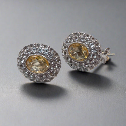 Judith Ripka 18k White Gold Oval Stud Earrings w Pave Diamonds & Canary Yellow Stone