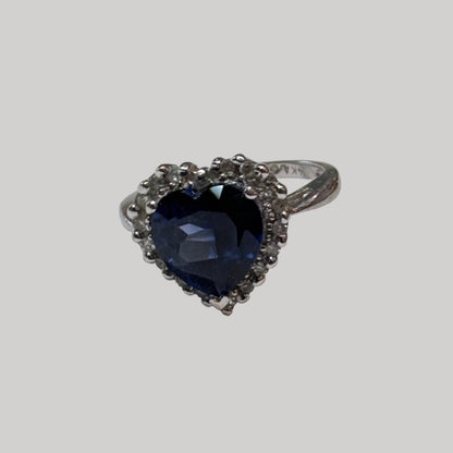 14k White Gold Blue Moissanite (Diamond) Heart Ring w Pave Diamonds