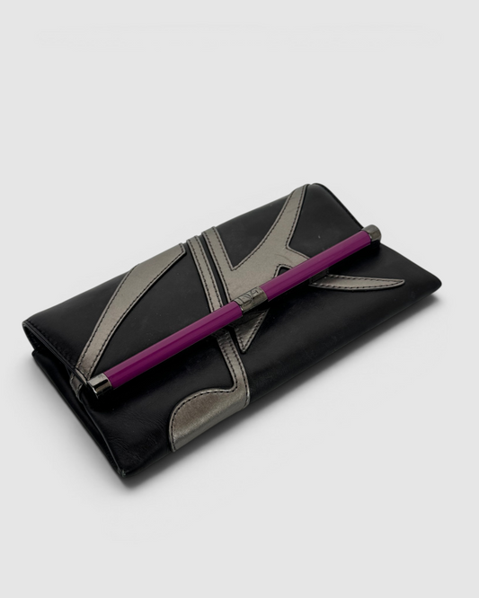 DVF Black & Silver Metallic w/ Purple Bar Clasp Clutch