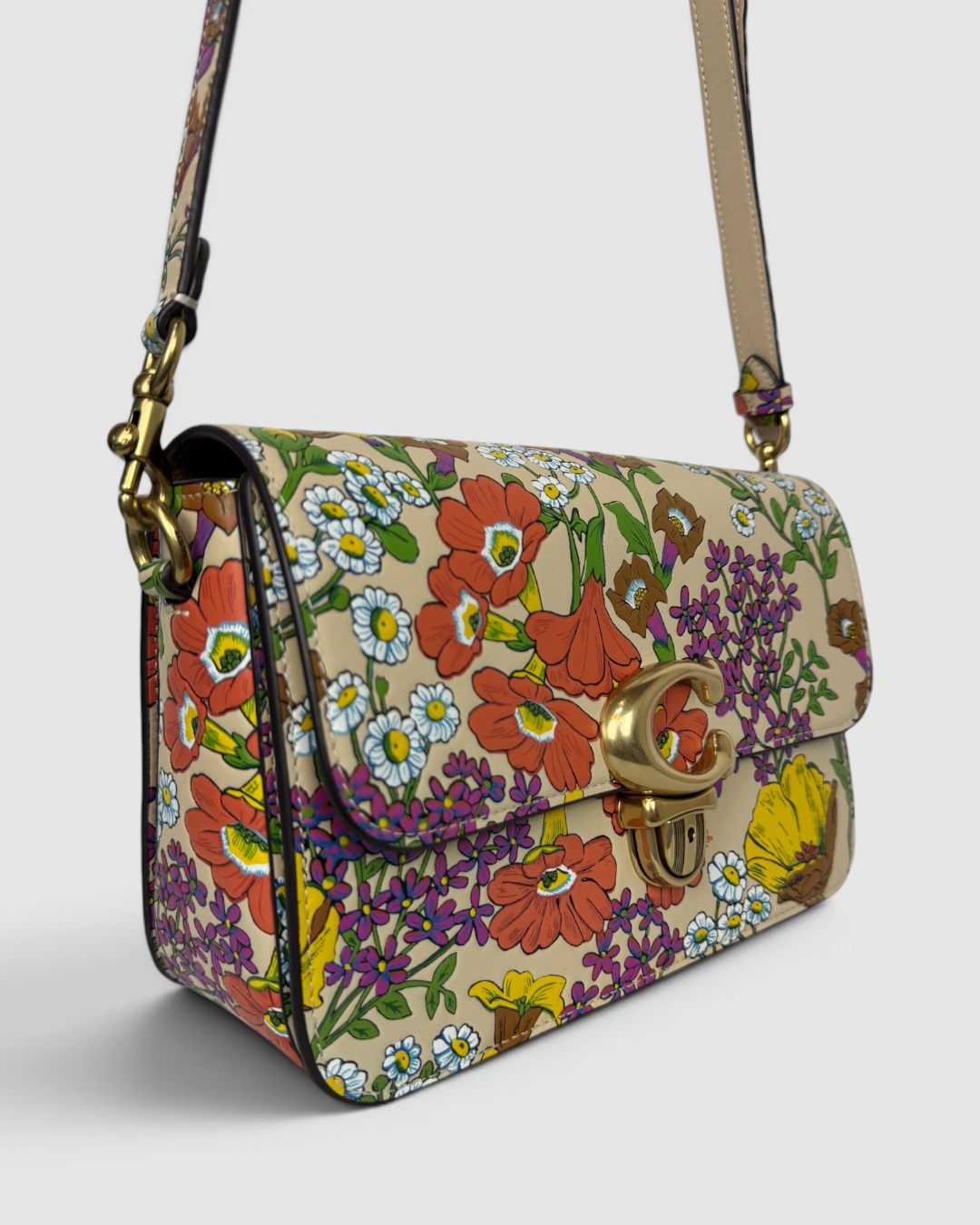 Coach Leather Beige Floral Print Studio Shoulder Bag w Lock