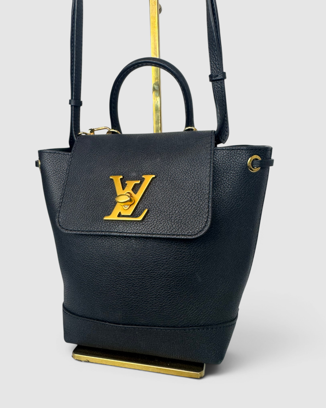 Louis Vuitton Black Pebbled Leather Lockme Mini Backpack w Gold Lock