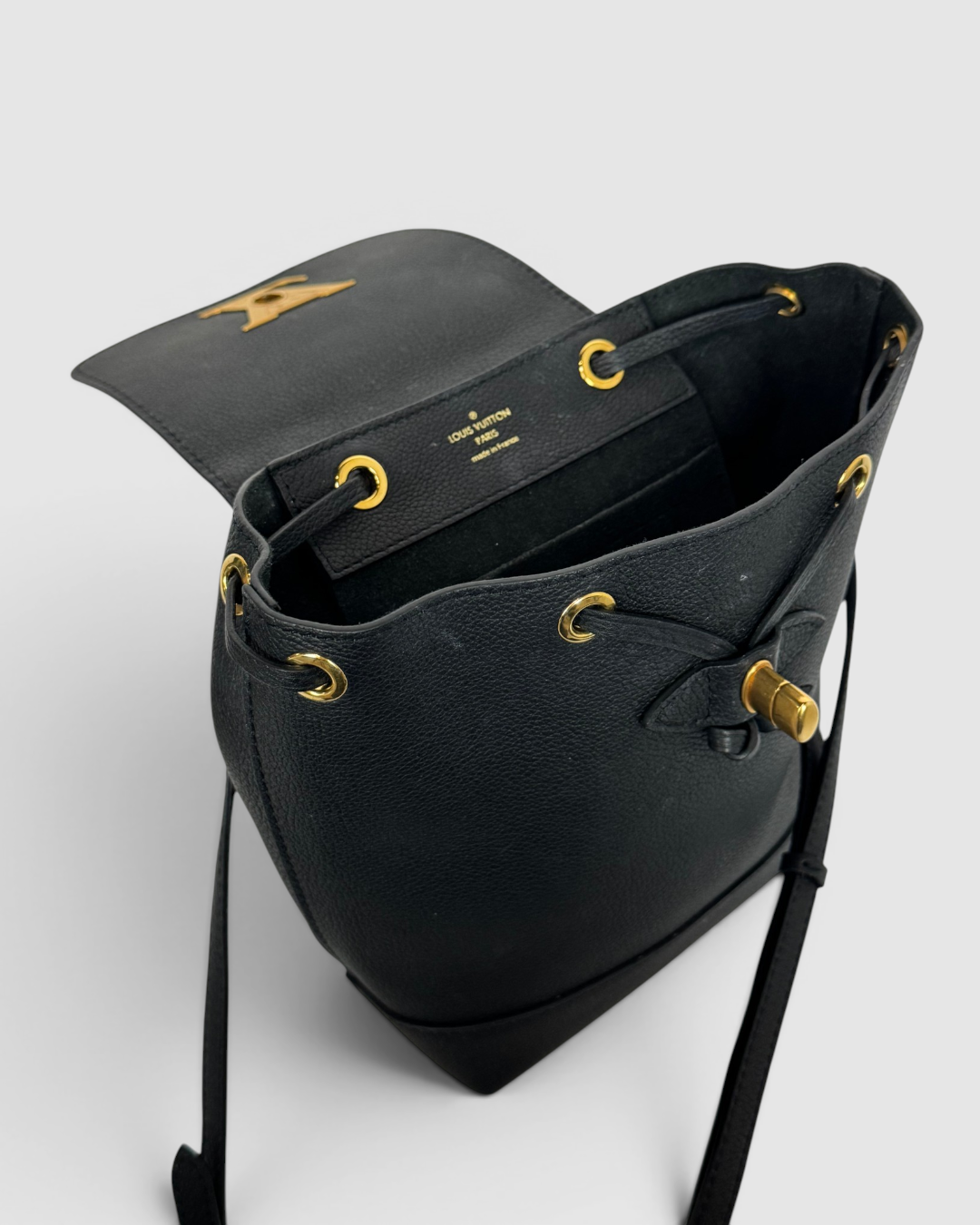Louis Vuitton Black Pebbled Leather Lockme Mini Backpack w Gold Lock