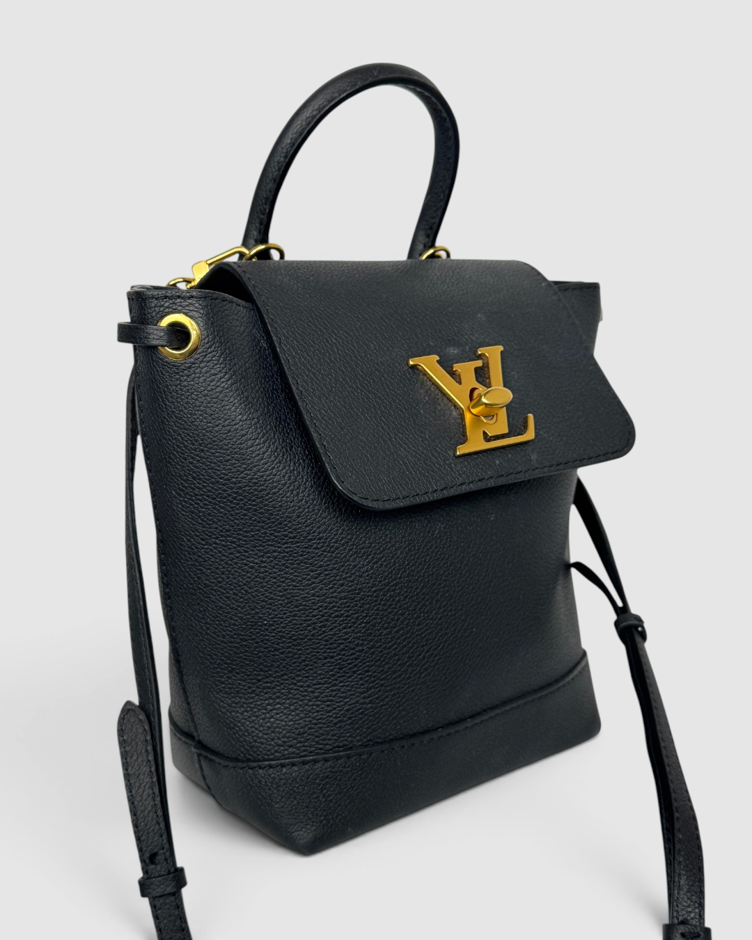Louis Vuitton Black Pebbled Leather Lockme Mini Backpack w Gold Lock