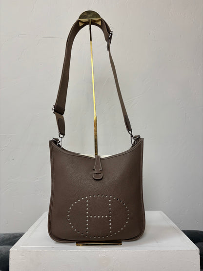 Hermes Evelyne GM I in Taupe w/ Palladium Hardware & White Stitching