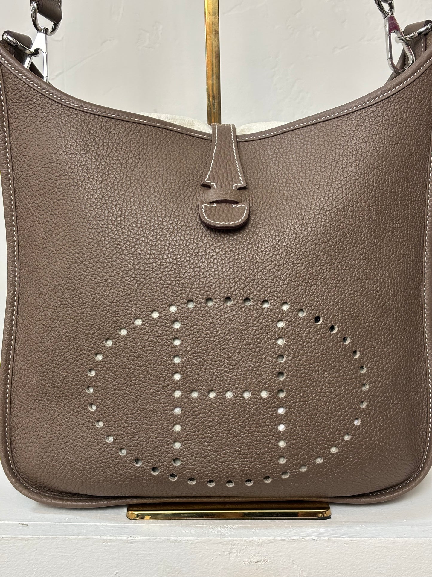 Hermes Evelyne GM I in Taupe w/ Palladium Hardware & White Stitching