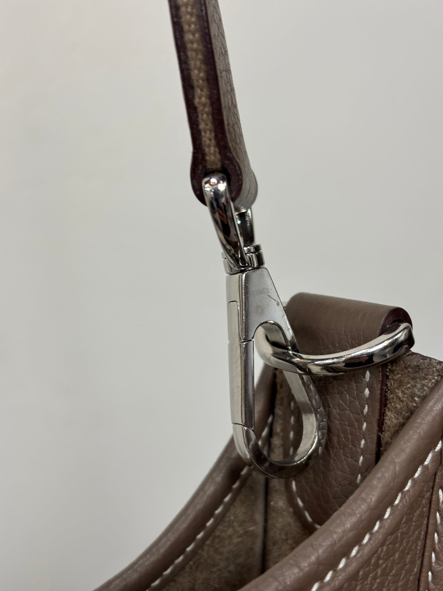 Hermes Evelyne GM I in Taupe w/ Palladium Hardware & White Stitching