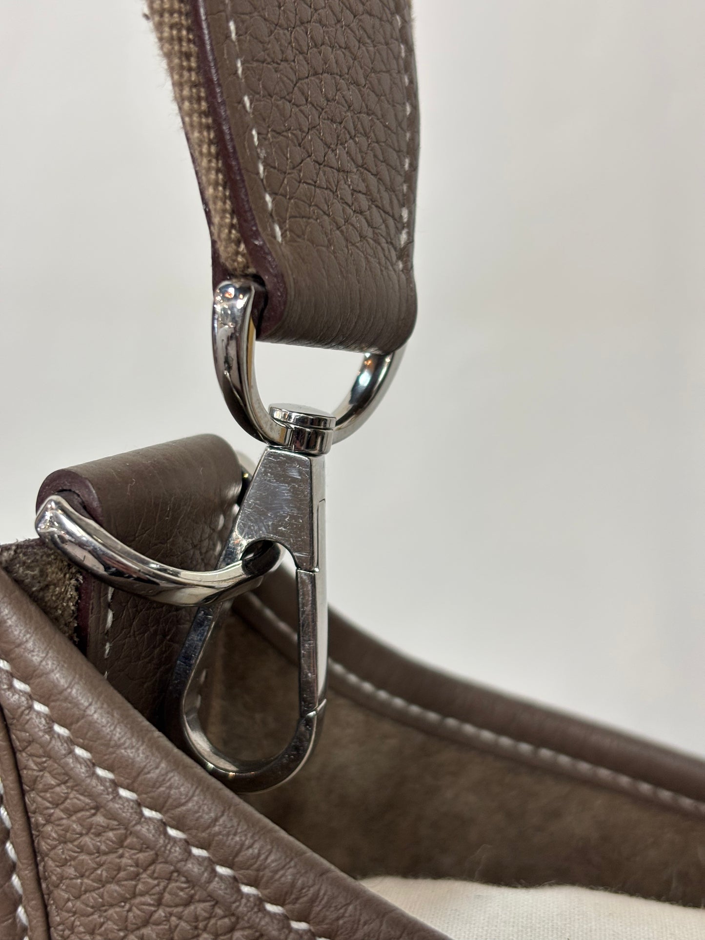 Hermes Evelyne GM I in Taupe w/ Palladium Hardware & White Stitching