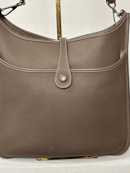 Hermes Evelyne GM I in Taupe w/ Palladium Hardware & White Stitching