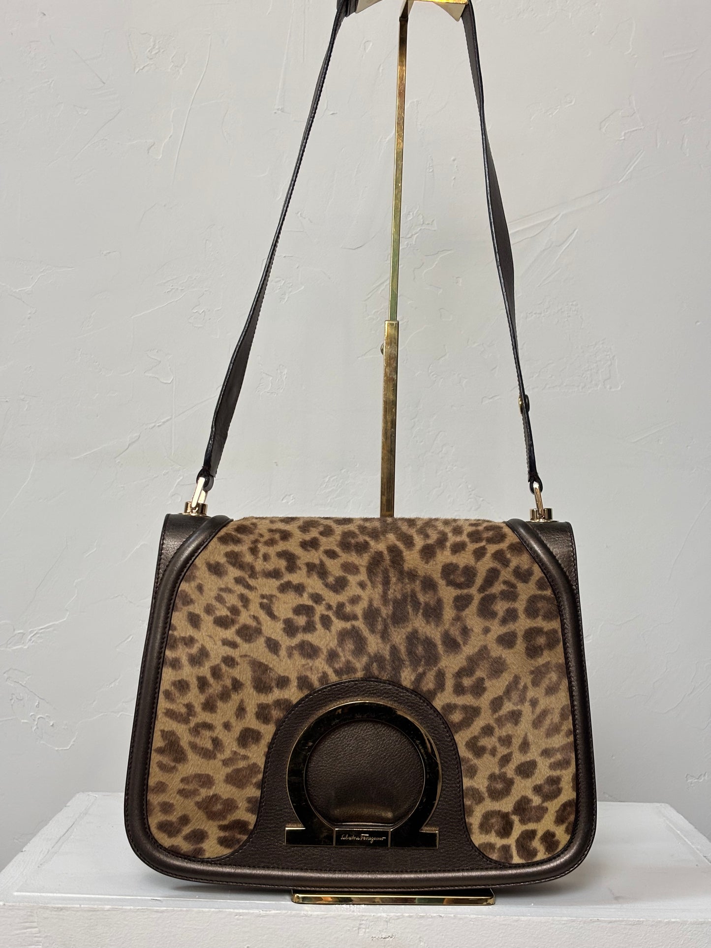 Salvatore Ferragamo Bronze Leather w/ Cheetah Print Pony-hair Shoulder Bag