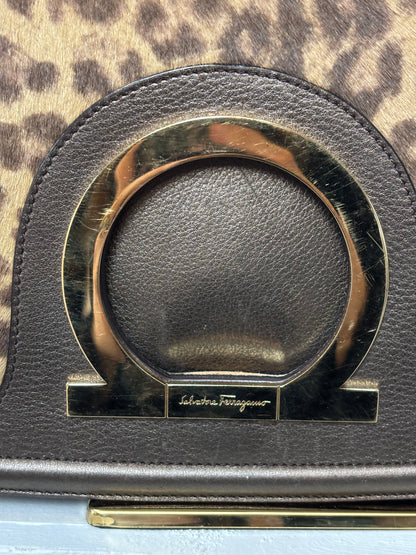 Salvatore Ferragamo Bronze Leather w/ Cheetah Print Pony-hair Shoulder Bag