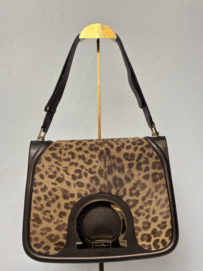 Salvatore Ferragamo Bronze Leather w/ Cheetah Print Pony-hair Shoulder Bag