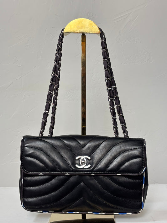 Chanel Black Silk-Trimmed Quilted Chevron Flap Bag