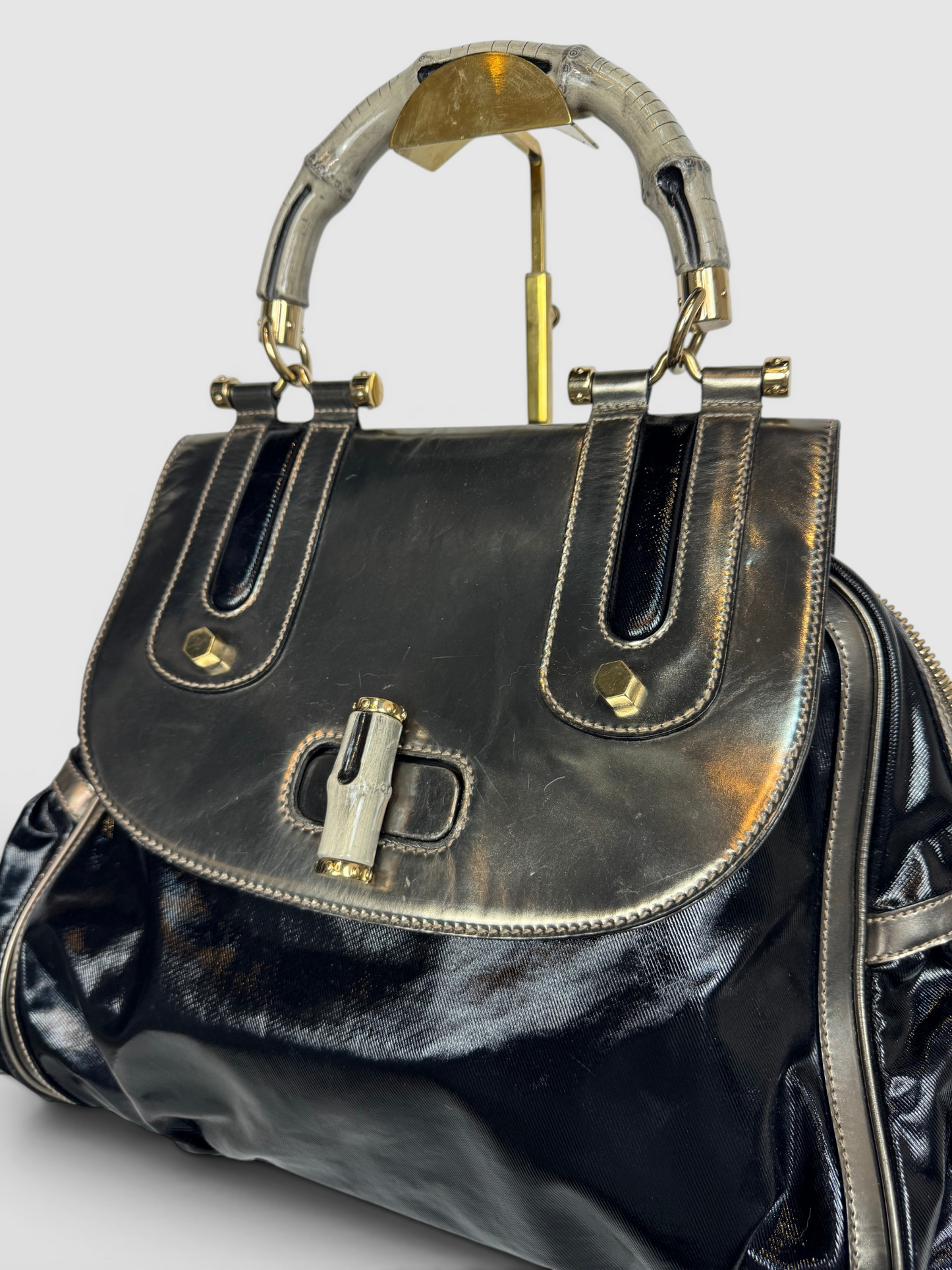 Gucci Silver & Black Dialux Pop Bamboo Handbag