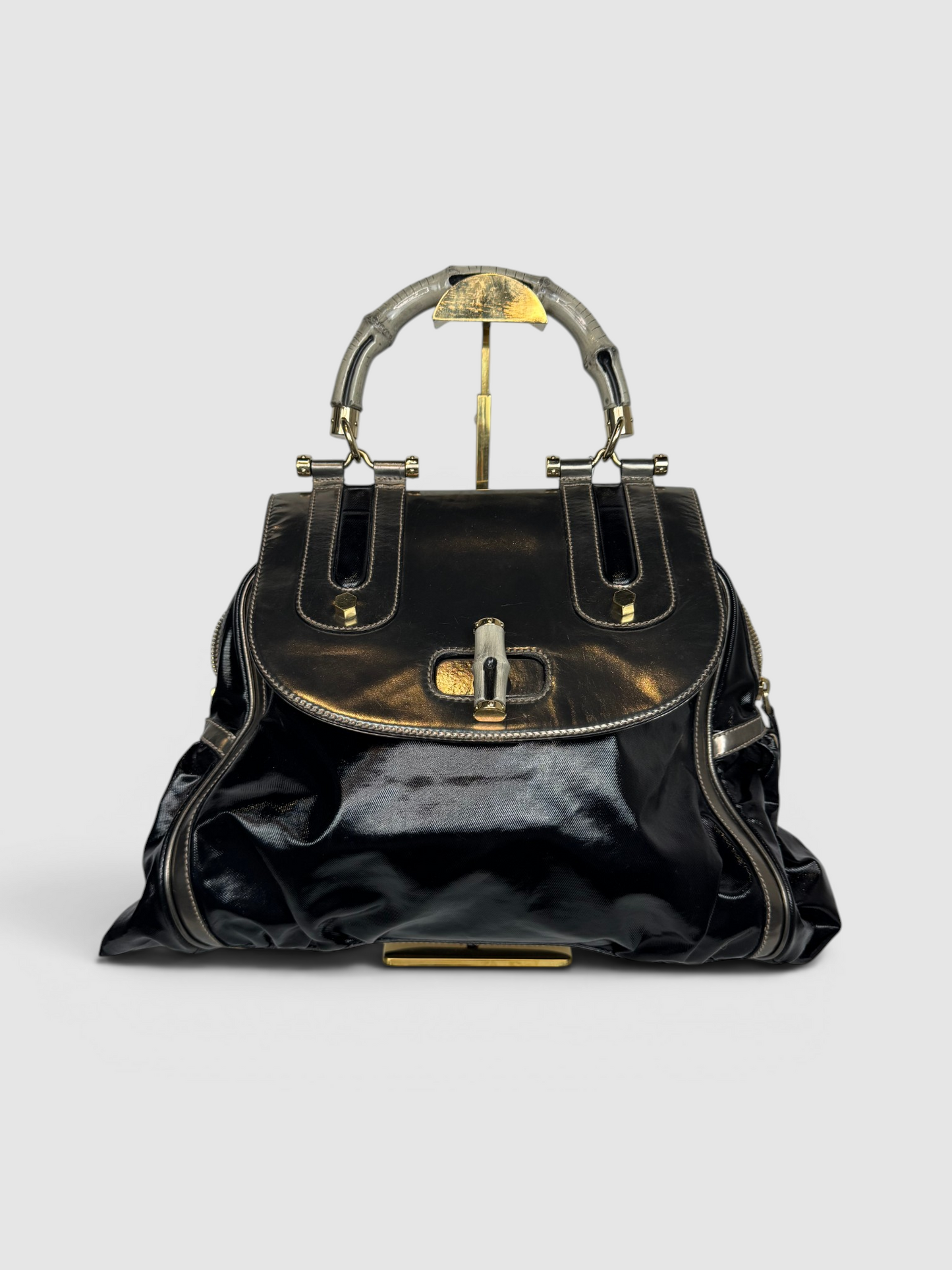 Gucci Silver & Black Dialux Pop Bamboo Handbag