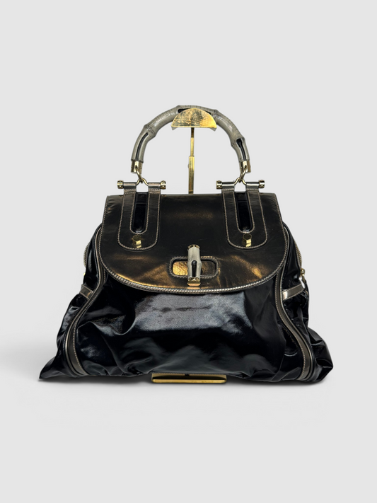 Gucci Silver & Black Dialux Pop Bamboo Handbag