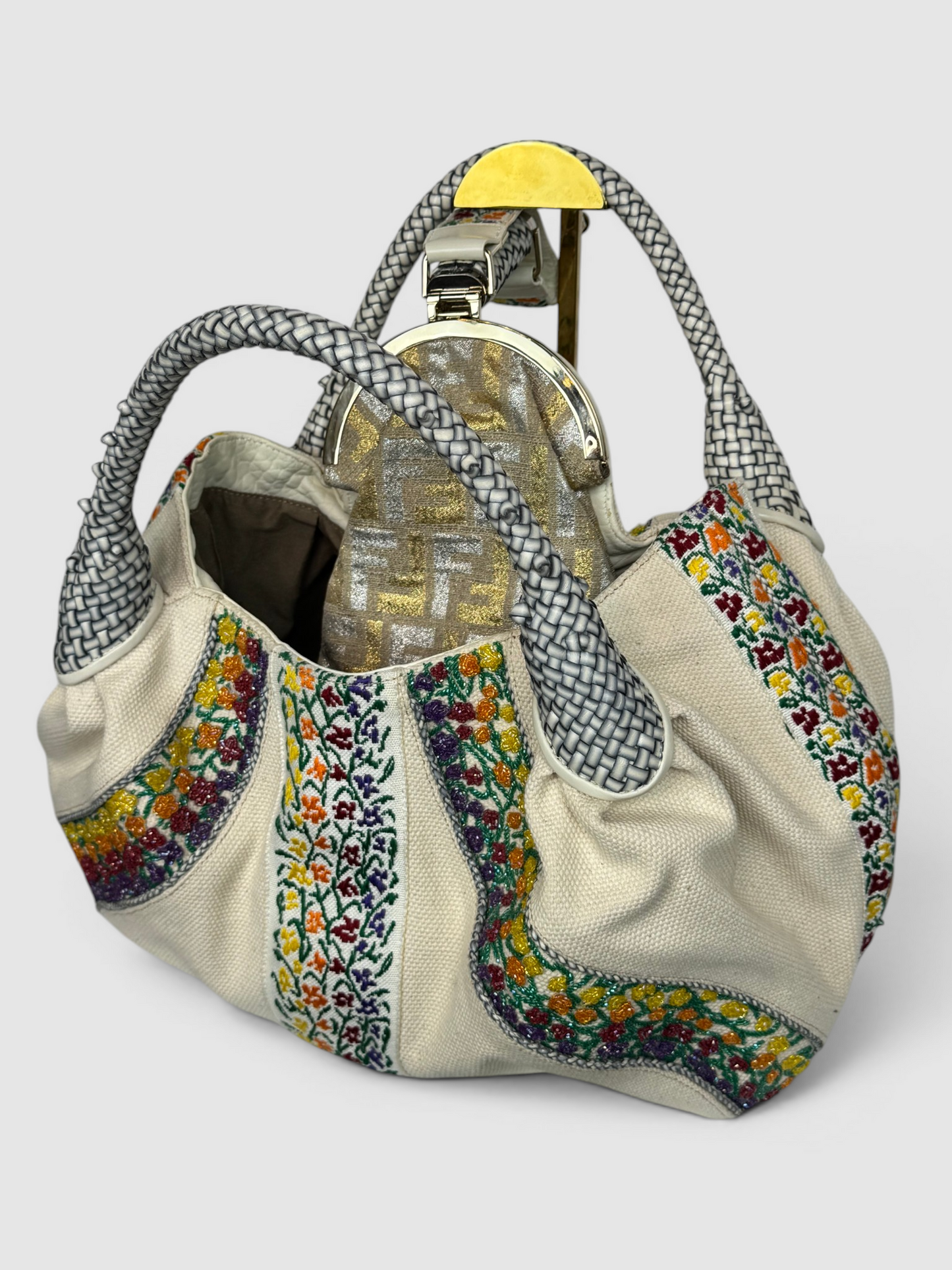 Fendi Cream Canvas Floral Bead Borsa Spy Bag