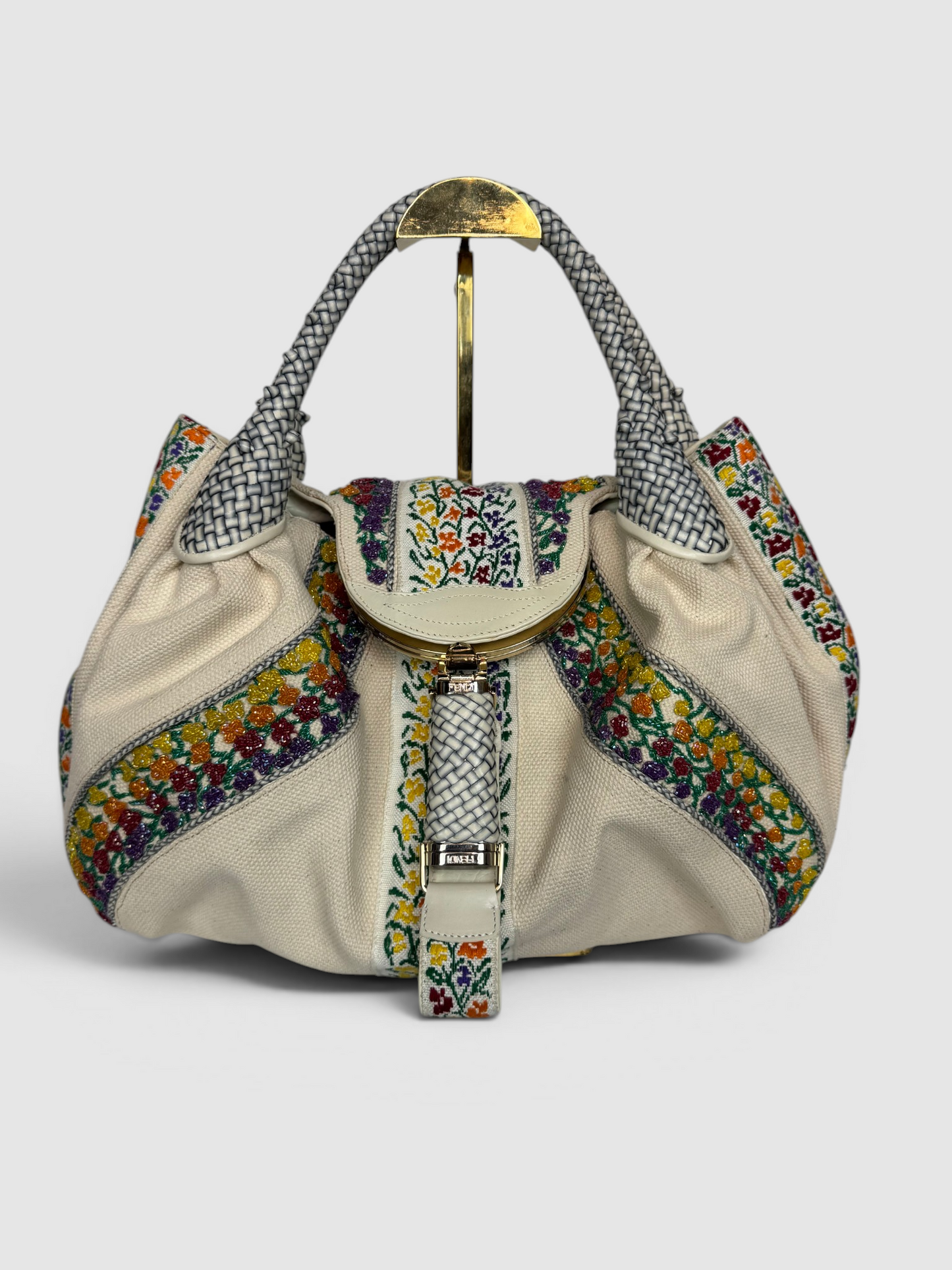Fendi Cream Canvas Floral Bead Borsa Spy Bag