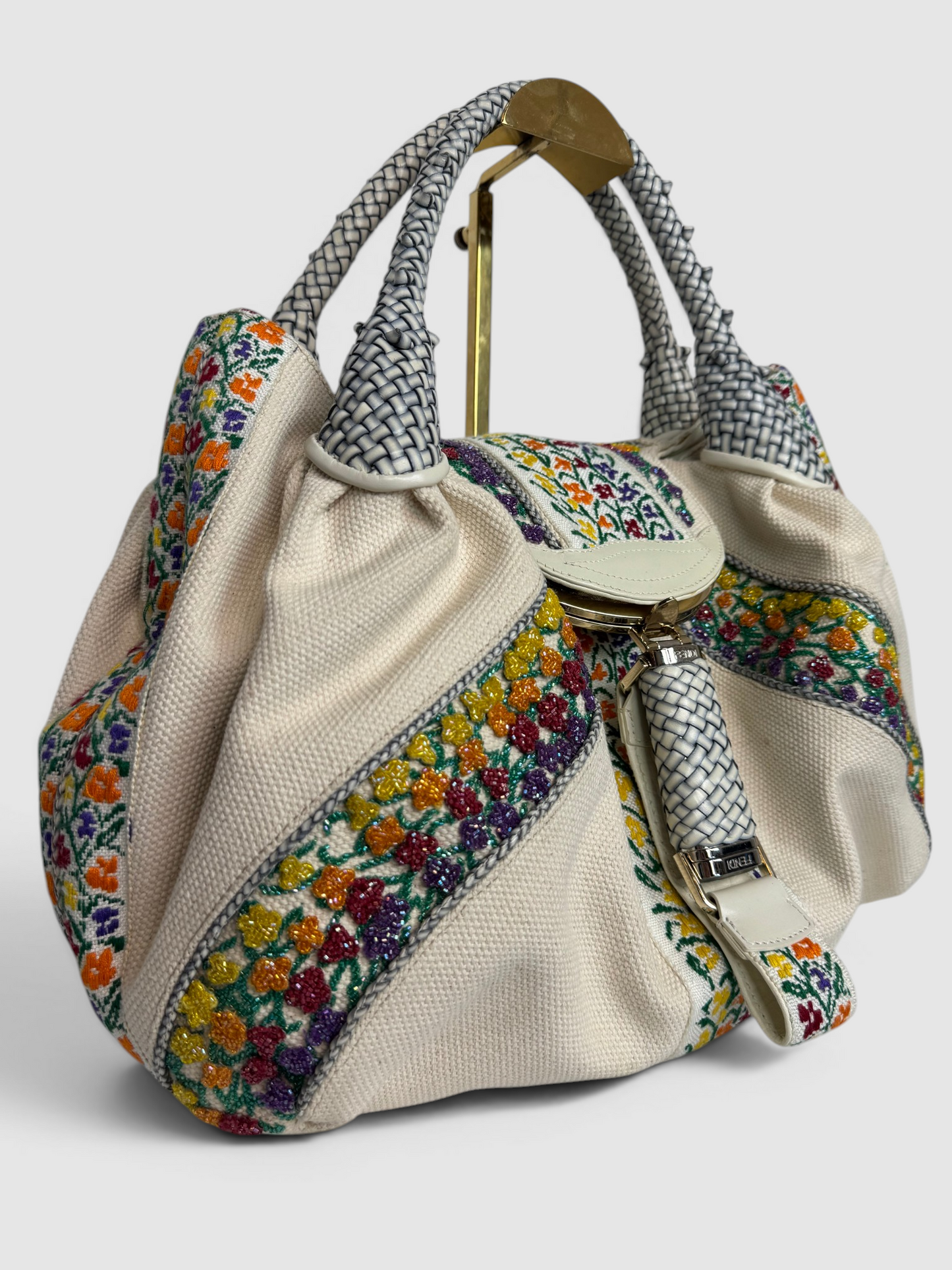 Fendi Cream Canvas Floral Bead Borsa Spy Bag