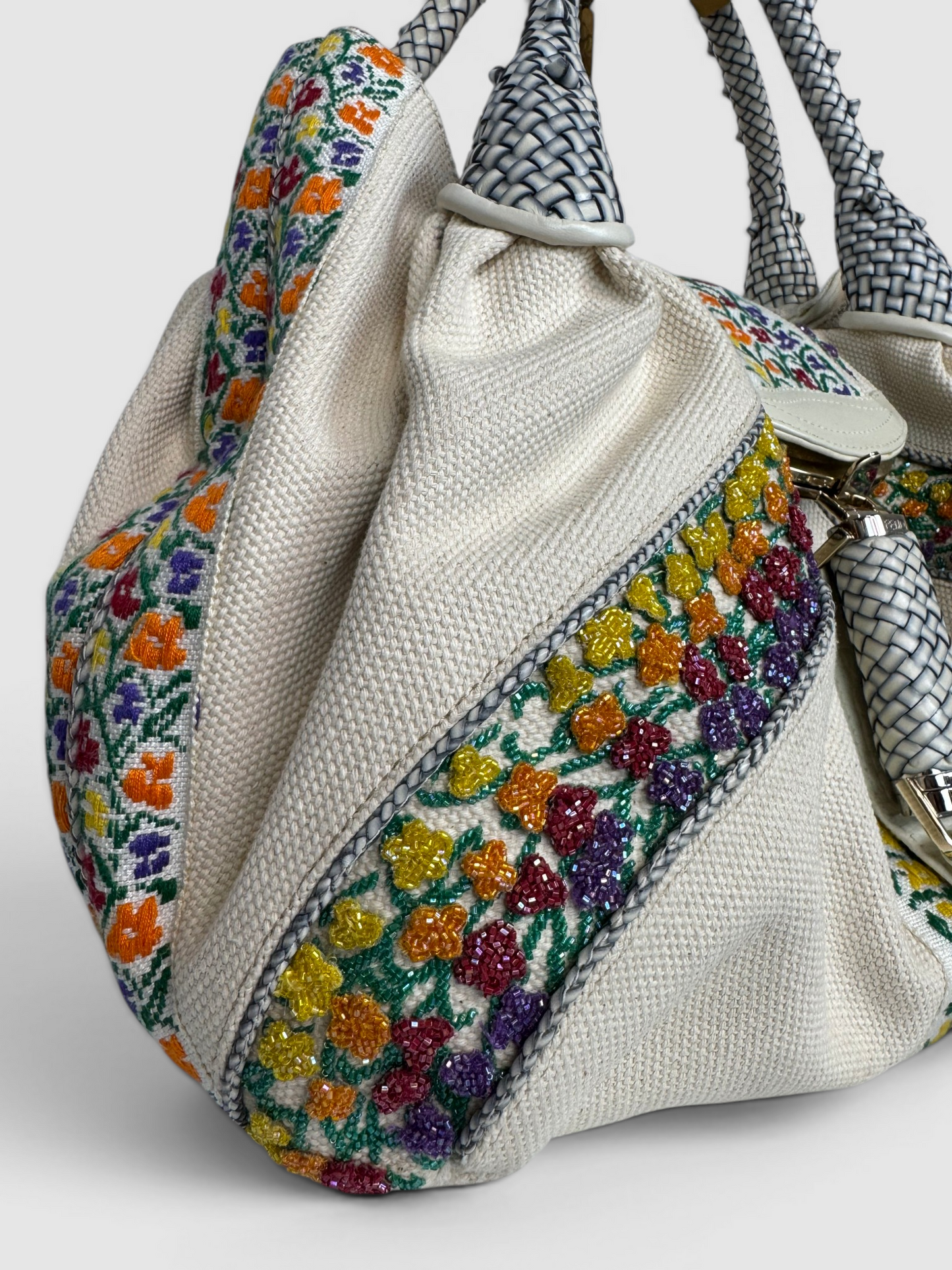Fendi Cream Canvas Floral Bead Borsa Spy Bag
