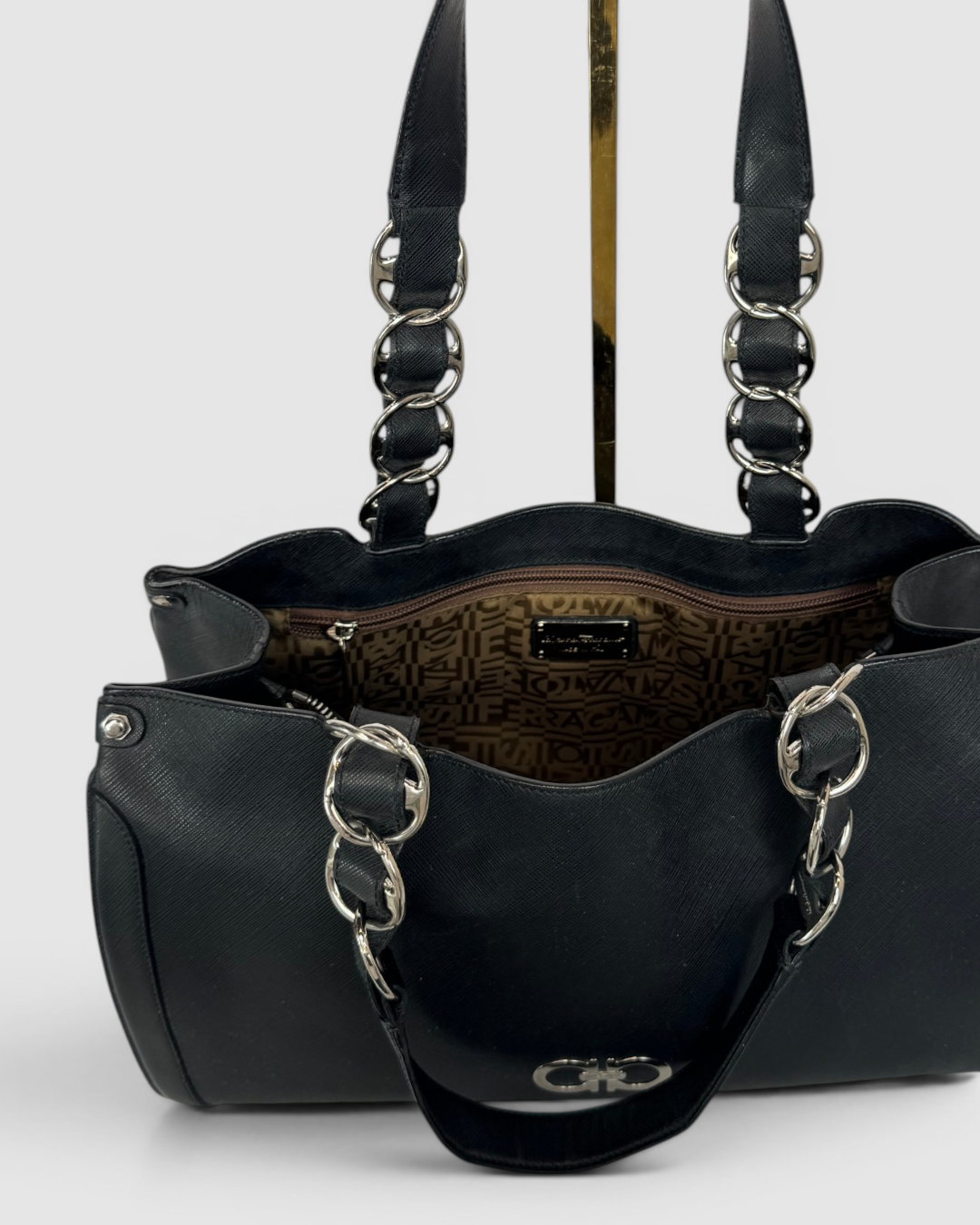 Salvatore Ferragamo Black Saffiano Leather Nicoletta Tote Bag w Silver Accents
