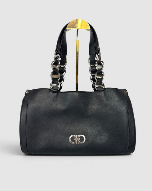 Salvatore Ferragamo Black Saffiano Leather Nicoletta Tote Bag w Silver Accents